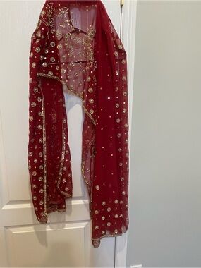 Elegant Red Embellished Women's Scarf with Gold Accents